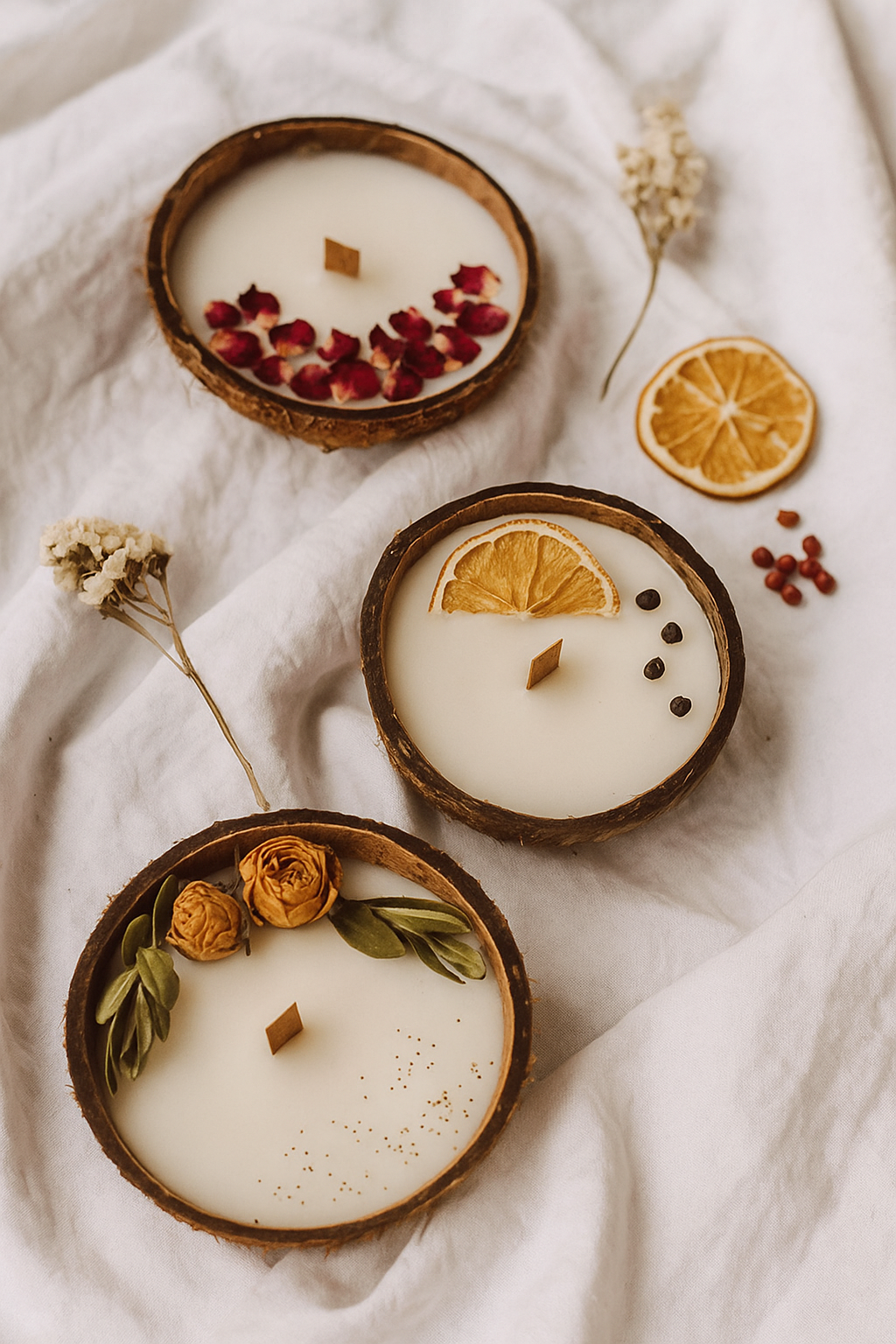 Handcrafted Coconut Shell Candles – Set of 3 (Gift Box)